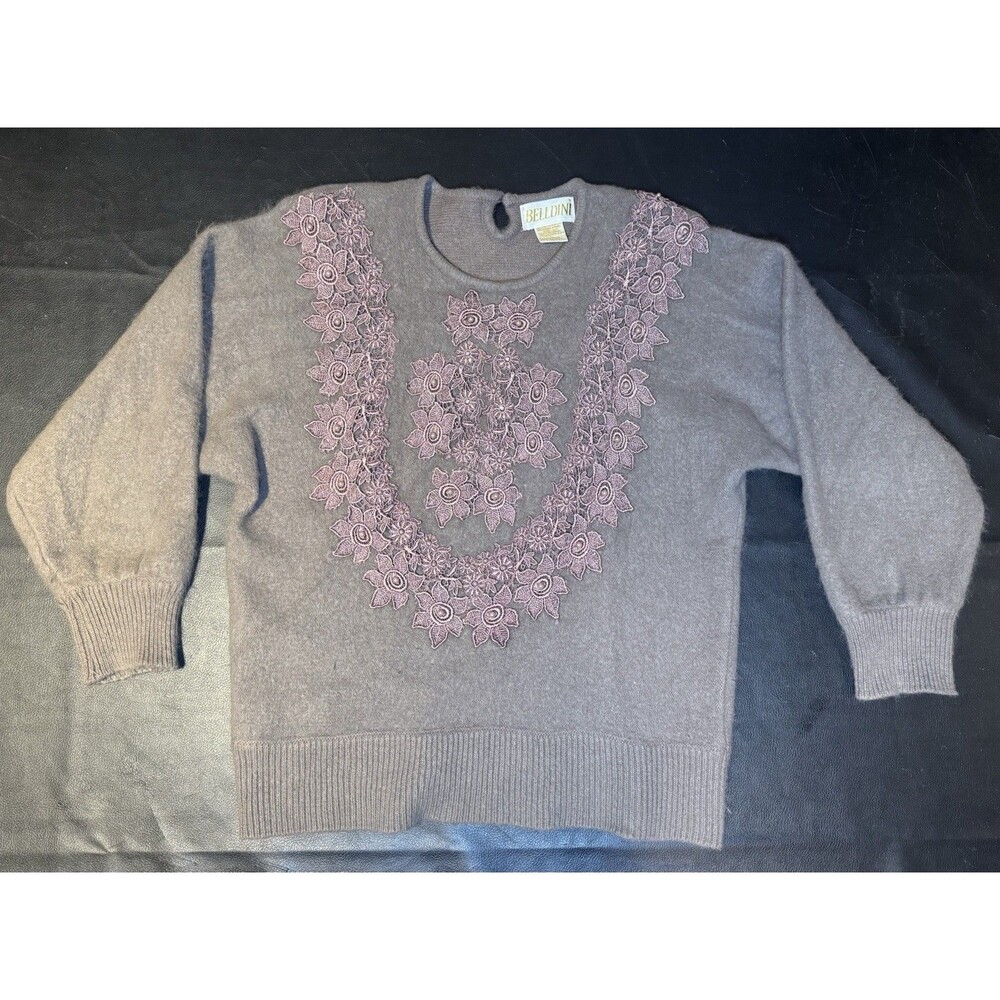 Belldini Cardigan Women Large Angora Rabbit Hair Beaded Embroidered Sweater